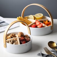 芮寧簡約北歐手提陶瓷堅果盤糖果籃帶竹木瓜子分格盤